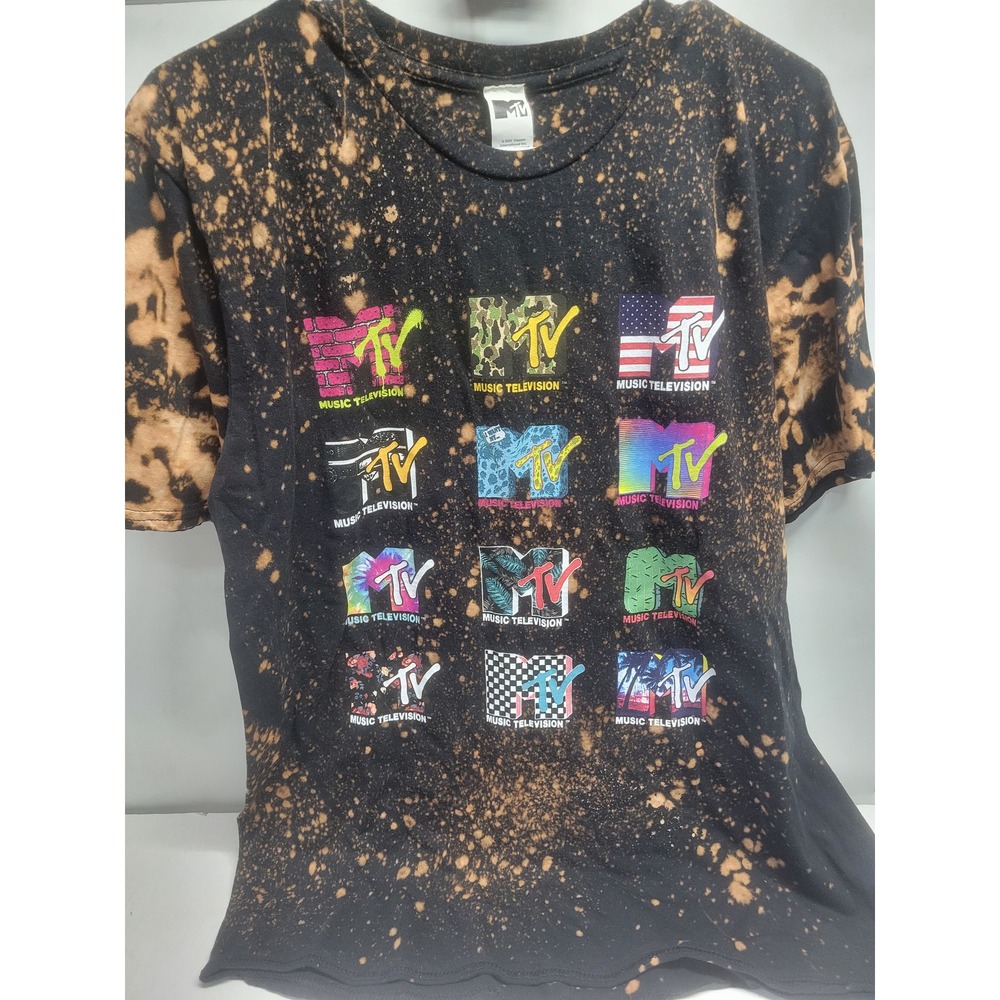 MTV Music Television Bleach Splatter Graphic Tee Black Orange Retro 90s Style L